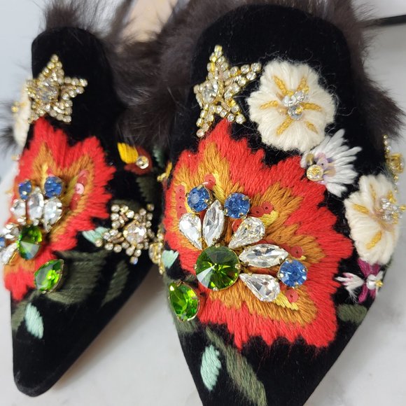 NWB~$695~GEDEBE~35/5~BLACK EMBELLISHED RHINESTONE REAL FUR FLATS MULES SHOES - Picture 5 of 16